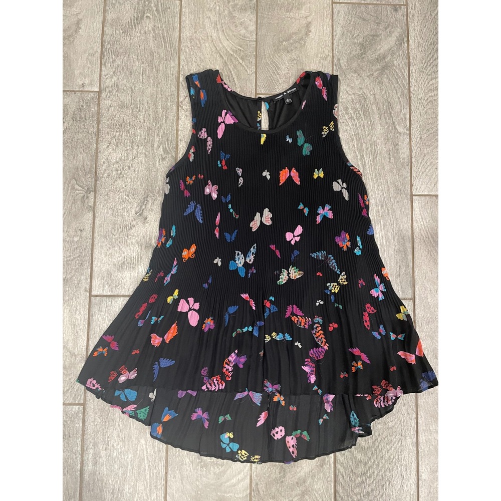 Cable & Gauge Black Butterfly Print Pleated High-Low Sleeveless Top Size M